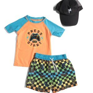 NWT BTWEEN Little Boys 3pc Short Sleeve Rash Guard, Trunks and Hat Set